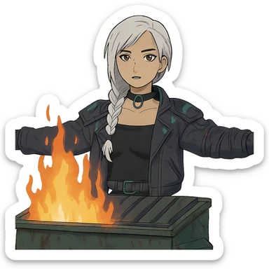 young woman with gold yellow eyes, white hair, long braid, black off-shoulder top, punk gothic style, futuristic cyberwave cyberpunk,, she is calmly t-posing , there is a dumpster fire in front of her sticker
