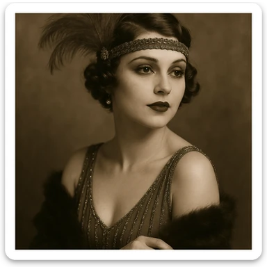 1920s woman, jazz age, feathered headband, glamorous makeup, classic pose, vintage fashion, elegant sticker