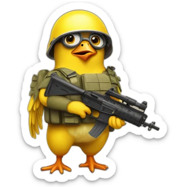 Un poussin jaune avec un casque militaire et une arme a feu minion sticker