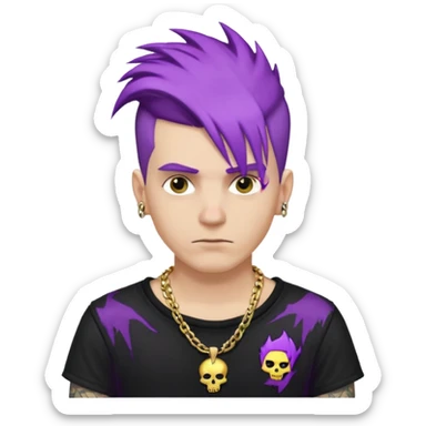 make a iphone emoji who is a white man that looks punk with purple punkk hair, with a black punk shirt and a golden neckless sticker