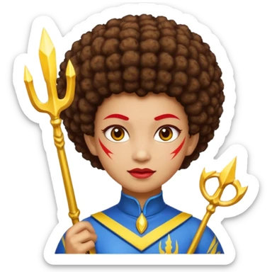 Emoji metisse femboy mais plus masculin avec drapeau ukrainien arriere plan, un afro, sourcils rouge, fourche trident, et eclairs et sur fond bleu clair irrisé. Peau lightskin, yeux marron et cheveux marron bouclés mais en mode afro pixi cut sticker