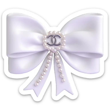 elegant white velvet bow with pearls and silver Chanel logo, glossy, black and white, 3D emoji style sticker