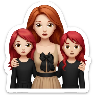 White woman in beige dress with long red hair and makeup with two kids in black clothes  sticker