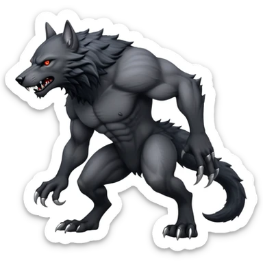 cinematic-noble-fierce-werewolf-full body on all fours-emoji, poised-and-imposing, with a tall, lean, and muscular wolfish frame inspired by the brutal, imposing shape of the beast from Berserk, fur rippling in shades of midnight black and silver, massive paws with razor-sharp claws, elongated limbs and fangs, eyes glowing with an intense, primal ferocity, reflecting the untamed power of the wild moonlit night; rendered with realism like a wolf hunched over sticker
