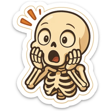cartoon skeleton with shocked surprised expression, wide eyes, mouth open, hands on cheeks, fun expressive style sticker