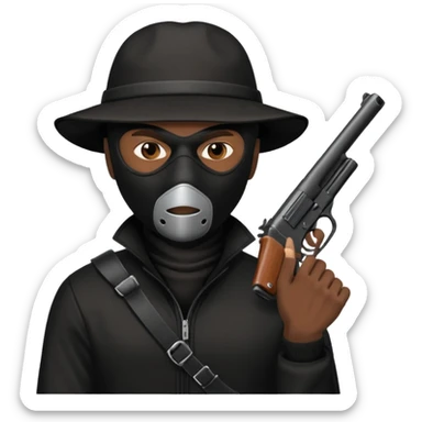 A black male in a robber mask with a gun sticker