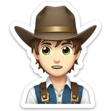 Young male cowboy with brown hair and one brown eye and one green eye, wearing a white shirt, a blue vest, and a brown cowboy hat, anime chibi style, surprised, mouth open sticker