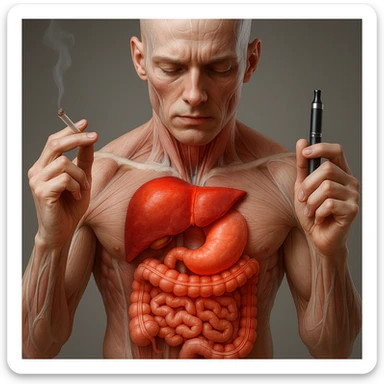 Medical illustration, hyperrealistic 4K, realistic anatomical human body, inflamed liver and intestine highlighted, holding a lit normal cigarette in the right hand and an electronic cigarette in the left hand, clear background, extremely detailed, same lighting and style as the reference image. sticker