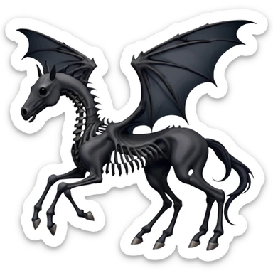 thestral: Winged horses visible only to those who have witnessed death and understand its significance. Can u make it thinner? Like an achal tekkine? Long legs, wings like from a bat, head like a sekeleton horse sticker