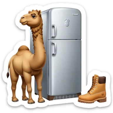 A silver refrigerator with doors as the body, a brown camel head with a hump on top, and tan Timberland boots on the bottom sticker