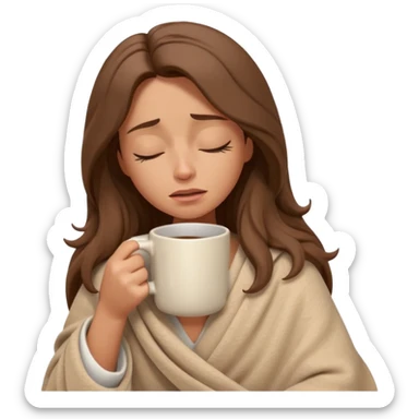 emoji-style illustration of a crying relaxed woman with long wavy brown hair, wrapped in a cozy beige blanket, holding a mug cup, eyes closed, sad and a bit anxious expression, soft 3D cartoon rendering, warm and comforting mood, plain background
 sticker