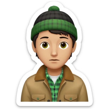 young man with longish black Beatle haircut, brown eyes, tan complexion, green beenie hat, tan jacket, checked shirt , pork chop sideburns sticker