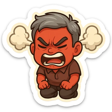 a red-skinned man with gray hair, extremely angry, steam coming from ears, cartoon style sticker