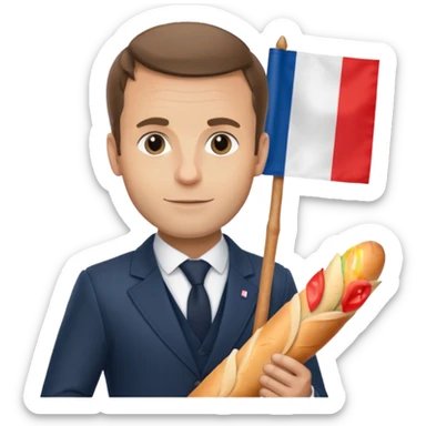 Macron avec une baguette et un drapeau français derrière lui sticker
