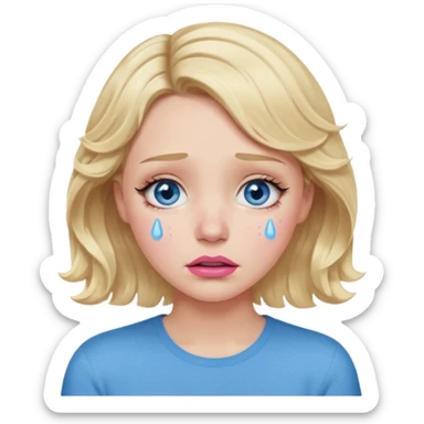 Girl Blonde short wavy hair,  blue eyes, cute blue top, long lashes, pink lips,crying with tears running down the face  sticker