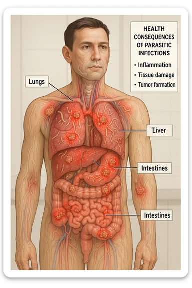 a semi-transparent view of a man’s body reveals numerous parasitic organisms inside his organs and tissues. Some areas are highlighted with red or inflamed zones, and small tumor-like masses are visible where the parasites cluster. The background is clinical and educational, with labels pointing to affected organs and a sidebar showing the health consequences. sticker