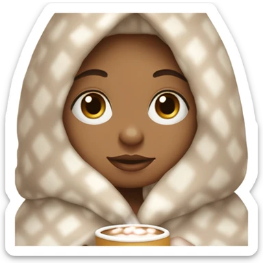 Light skin girl with curly hair under our blanket, sipping hot cocoa with marshmallows, cuddled around the blanket, long curly hair, long, medium lashes sticker