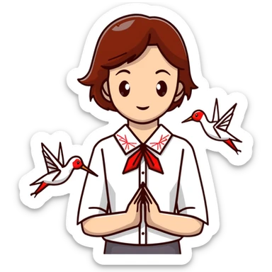 Ukrainian young girl with brown hair wearing a white embroidered shirt holds an origami red crane sticker