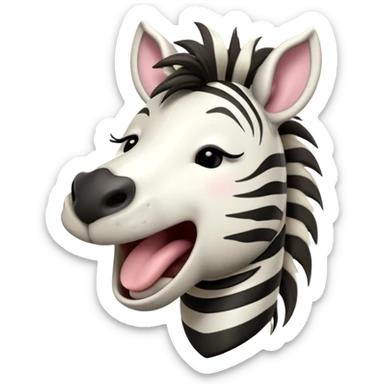 Cinematic Cute Yawning Zebra Portrait Emoji, Head tilted slightly with a dramatic, wide-open yawn, showcasing a soft, downy striped fur with gently drooping ears, a long, elegant equine snout, and round eyes barely open in drowsy contentment, Simplified yet irresistibly adorable features, highly detailed, glowing with a soft, cozy glow, high shine, relaxed yet expressive, stylized with a touch of savannah charm, bright and endearing, soft glowing outline, capturing the essence of a sleepy yet affectionate zebra that feels like it could stretch out of the screen and curl up for a nap! sticker