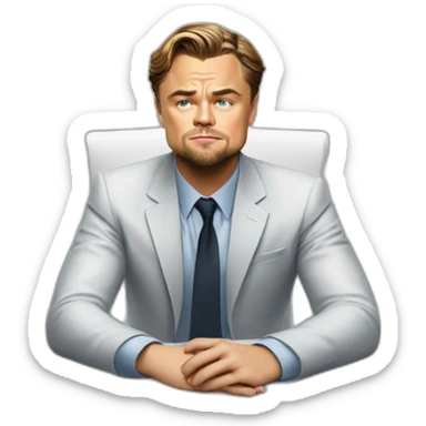 Leonardo DiCaprio sitting on the white table and trying to solve a problem in his business sticker