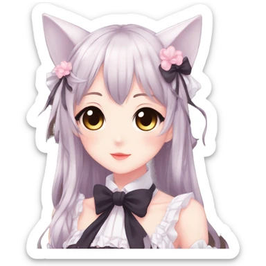 Gorgeous anime style catgirl with blushing face with maid outfit bow tie idol model kawaiicore pearly petite simplistic aesthetic trending style sticker
