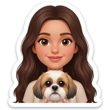 Tan Brunette girl with long hair and beauty spots under her lip and below her eyes, holding shih tzu sticker