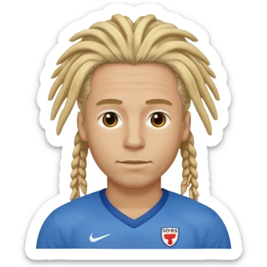 blonde dreadlocks man with blue jersey sticker