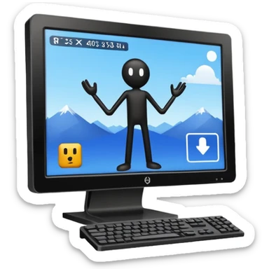 Minimalistic flat vector icon, iOS style, thin black contour on white background. Computer monitor showing a simple stickman character inside a game world. Clean, no text, no shadows sticker