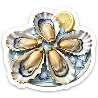 Cinematic fresh oysters on the half-shell, glistening with seawater, served with lemon wedges and ice, soft glowing highlights, elegant and luxurious. sticker