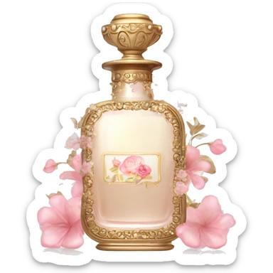 Vintage perfume bottle in antique Greek style, white, pink and beige, oil perfume inside, sequins and flowers fluttering around sticker