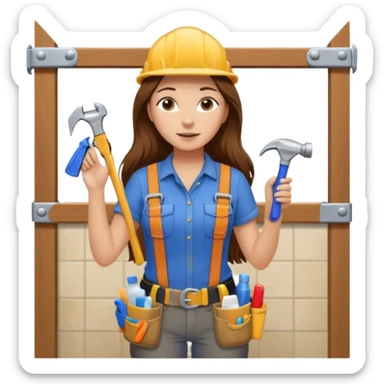 beautiful girl with long brown hair constructing new bathroom area with new shower and amenities  sticker