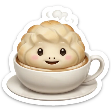Cappuccino with cute frothing art showing a cute emotional support dumpling with smily face sticker
