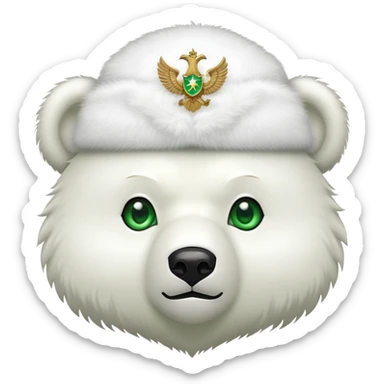 Adorable bear head with bright green eyes, white fluffy ushanka with clean simple Russian double-headed eagle emblem, minimalist iOS emoji style sticker