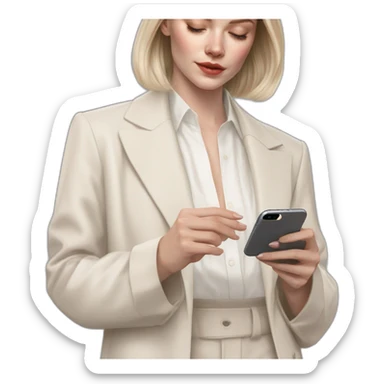 pale skin woman with ash blonde Straightened bob Hair, White Spacious classical jacket, beige palazzo Arrow pants and gray blouse holding white IPhone 15 pro in the hands sticker