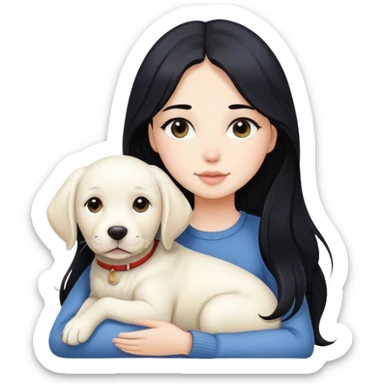 A beautiful girl with long black hair and fair skin is holding a white Labrador sticker
