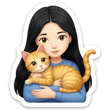 A girl with long black hair hugs a golden tabby cat sticker