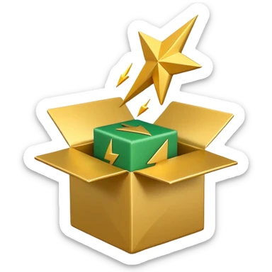 3D minimal open box with small floating icons coming out (envelope, lightning bolt, star), soft matte finish, deep green (#0B3D2C) box, gold (#C9B037) floating icons, Apple style, ultra clean and sleek, very soft ambient shadow, transparent background sticker