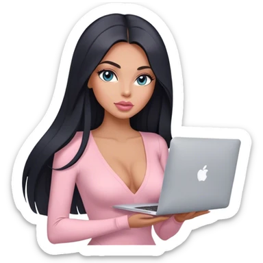 Glamours, tanned, very beautiful girl, with big pump peach-beige-rose lips, long lashes, black straight smooth silky long hair, straight parting hair, blue-grey eyes, in light-pink v-neck bodysuit holding MacBook sticker