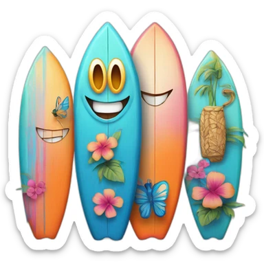 A surfboard Cartoon Blue and orange tiki smiling with butterfly and and Cartoon Blue and pink tiki singing with butterfly and mikrophone sticker