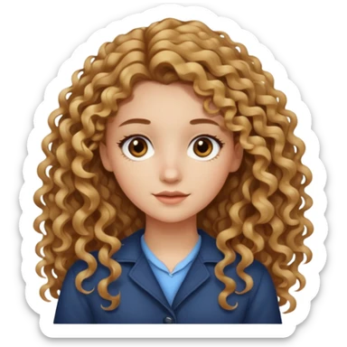 Garota branca, com longos cabelos cacheados castanho claro e pontas loiras, olhos levemente puxados de cor castanho sticker