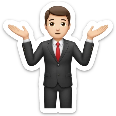 Sticker of a man in a business suit, front view, both arms extended in front of his body at waist level, below chest, hands low near the stomach, elbows slightly bent, palms facing inward as if holding an invisible box, not raised, not upward sticker