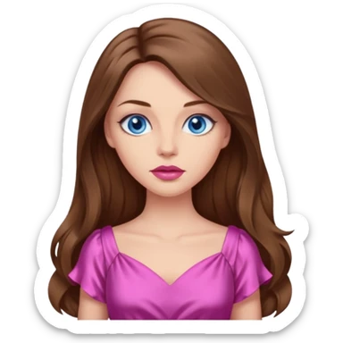 A woman has beige skin, long brown hair, blue eyes, plumb lips, she wears pink dress  sticker