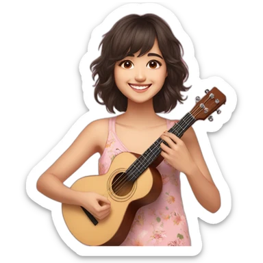 Shirley Setia front looking smiling wearing pyjama playing ukulele  sticker