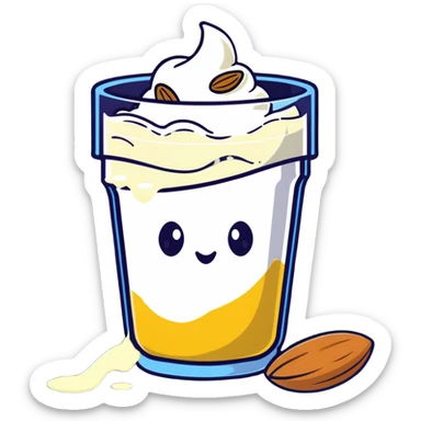 A single large white bone, clearly visible and dominant in the center, glowing with light. Around it, but not touching, are smaller floating items: a cup of yogurt, a small pile of shredded cheese, several almonds, and sesame seeds. sticker