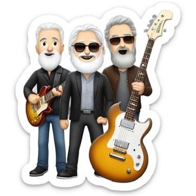 Three white mature musicians. one on a Gibson Les Paul guitar with a beard, one on a Fender Precision bass that is very tall and one playing banjo with a short gray beard sticker