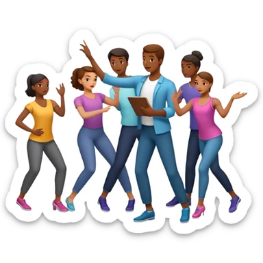 Icon for Choreography: a dance floor with a choreographer holding a clipboard, giving instructions to a group of dancers in motion. The icon should capture the art of movement and direction in dance. Transparent background. sticker