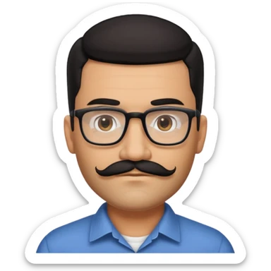Attractive Hispanic TV host in his mid to late 40s with light brown skin, short straight black hair slicked back with fade on sides, square handsome face with strong jawline, friendly approachable expression, black beard and moustache, wearing glasses sticker
