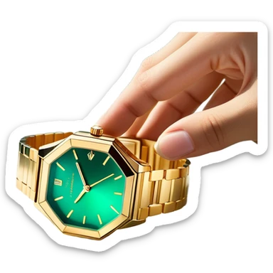 Minimalist white hand outline cradling a hexagonal prism refracting golden light into a scene of a luxury watch on a marble desk, deep emerald (#1A5F3F) and sapphire (#0F52BA) gradient background, prism facets glowing with metallic gold (#D4AF37) edges, soft shadow play, cinematic luxury vibe --style minimalist --no text, realistic details, human faces sticker