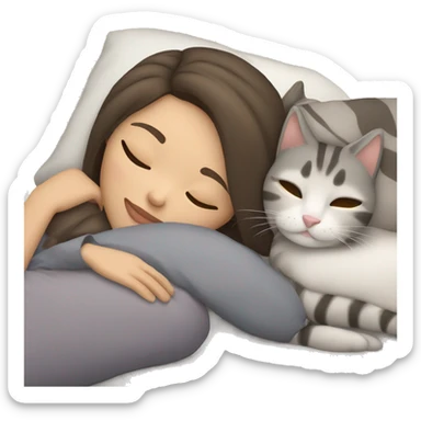 Brunette girl with light skin sleeping with a grey tabby cat sticker
