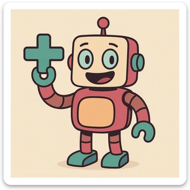 friendly robot holding a plus sign, Slack color palette, modern, simple, easily recognizable profile icon, digital style sticker